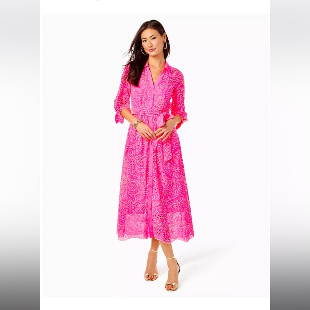 Lilly Pulitzer Eyelet Midi Shirtdress Size 12 Flamingo Pink